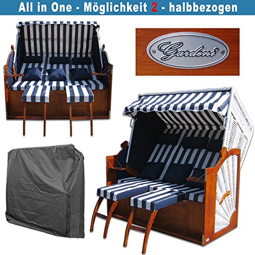 Strandkorb XXXL # 2,5-Sitzer XXXL Strandkorb breit # Ostsee Strandkorb # 2x komplett wechselbare BEZÜGE # uni Bezug blau # +BONUS Bezug blau gestreift # inkl. Strandkorbhülle # Polyrattan: weiss - 4