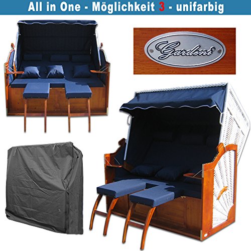 Strandkorb XXXL # 2,5-Sitzer XXXL Strandkorb breit # Ostsee Strandkorb # 2x komplett wechselbare BEZÜGE # uni Bezug blau # +BONUS Bezug blau gestreift # inkl. Strandkorbhülle # Polyrattan: weiss - 5