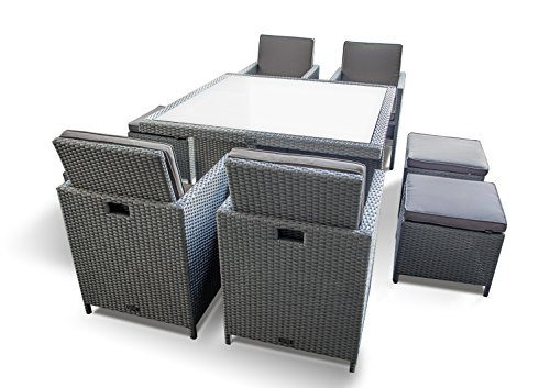 Ragnarök-Möbeldesign PolyRattan – DEUTSCHE Marke – EIGNENE Produktion – 8 Jahre GARANTIE auf UV-Beständigkeit Gartenmöbel Essgruppe Tisch + 4 Stühle & 4 Hocker 12 Polster Platinum Grau - 2