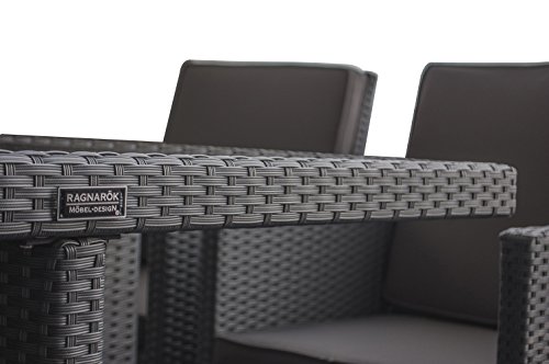 Ragnarök-Möbeldesign PolyRattan – DEUTSCHE Marke – EIGNENE Produktion – 8 Jahre GARANTIE auf UV-Beständigkeit Gartenmöbel Essgruppe Tisch + 4 Stühle & 4 Hocker 12 Polster Platinum Grau - 4