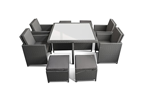 Ragnarök-Möbeldesign PolyRattan – DEUTSCHE Marke – EIGNENE Produktion – 8 Jahre GARANTIE auf UV-Beständigkeit Gartenmöbel Essgruppe Tisch + 4 Stühle & 4 Hocker 12 Polster Platinum Grau - 5