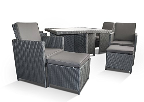 Ragnarök-Möbeldesign PolyRattan – DEUTSCHE Marke – EIGNENE Produktion – 8 Jahre GARANTIE auf UV-Beständigkeit Gartenmöbel Essgruppe Tisch + 4 Stühle & 4 Hocker 12 Polster Platinum Grau - 6