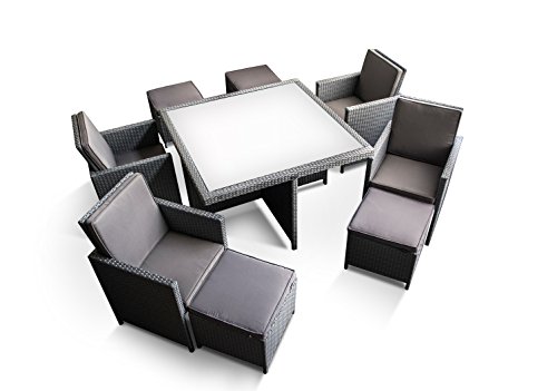 Ragnarök-Möbeldesign PolyRattan – DEUTSCHE Marke – EIGNENE Produktion – 8 Jahre GARANTIE auf UV-Beständigkeit Gartenmöbel Essgruppe Tisch + 4 Stühle & 4 Hocker 12 Polster Platinum Grau - 7