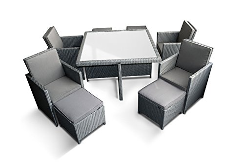 Ragnarök-Möbeldesign PolyRattan – DEUTSCHE Marke – EIGNENE Produktion – 8 Jahre GARANTIE auf UV-Beständigkeit Gartenmöbel Essgruppe Tisch + 4 Stühle & 4 Hocker 12 Polster Platinum Grau - 8