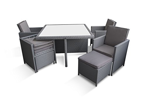 Ragnarök-Möbeldesign PolyRattan – DEUTSCHE Marke – EIGNENE Produktion – 8 Jahre GARANTIE auf UV-Beständigkeit Gartenmöbel Essgruppe Tisch + 4 Stühle & 4 Hocker 12 Polster Platinum Grau - 9