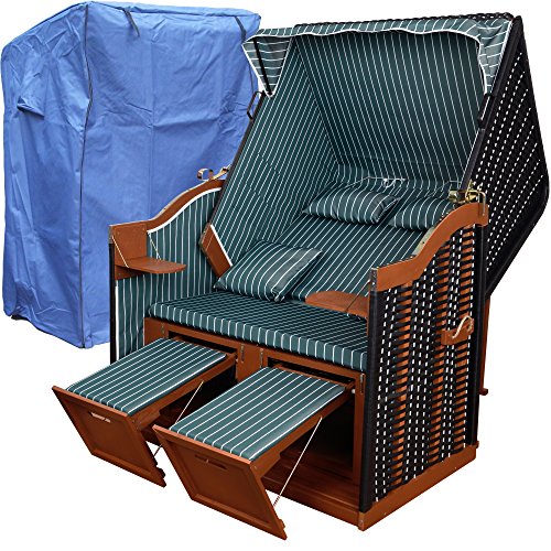 Strandkorb Ostsee XL grün + winterfester Strandkorbhaube – schwarzes Polyrattan – Strandstuhl Liegestuhl Sylt Strandkorb Ostsee Volllieger - 2
