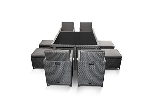 Ragnarök-Möbeldesign PolyRattan – DEUTSCHE Marke – EIGNENE Produktion – 8 Jahre GARANTIE auf UV-Beständigkeit Gartenmöbel Essgruppe Tisch + 4 Stuhl 4 Hocker 12 Polster Platinumsilber Grau - 2