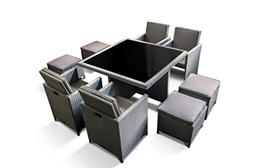 Ragnarök-Möbeldesign PolyRattan – DEUTSCHE Marke – EIGNENE Produktion – 8 Jahre GARANTIE auf UV-Beständigkeit Gartenmöbel Essgruppe Tisch + 4 Stuhl 4 Hocker 12 Polster Platinumsilber Grau - 3