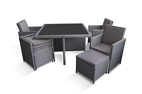 Ragnarök-Möbeldesign PolyRattan – DEUTSCHE Marke – EIGNENE Produktion – 8 Jahre GARANTIE auf UV-Beständigkeit Gartenmöbel Essgruppe Tisch + 4 Stuhl 4 Hocker 12 Polster Platinumsilber Grau - 7