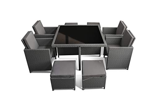 Ragnarök-Möbeldesign PolyRattan – DEUTSCHE Marke – EIGNENE Produktion – 8 Jahre GARANTIE auf UV-Beständigkeit Gartenmöbel Essgruppe Tisch + 4 Stuhl 4 Hocker 12 Polster Platinumsilber Grau - 9