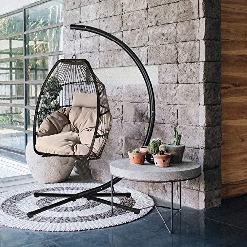 Sekey Hängesessel mit Gestell Kissen, Polyrattan Hängestuhl mit Sitzkissen für Garten und Balkon, Taupe XXL - 2