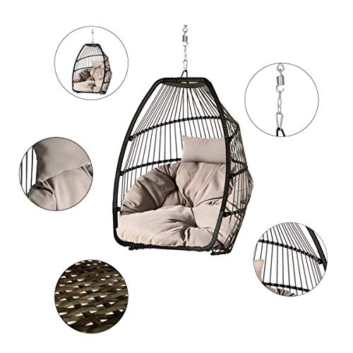 Sekey Hängesessel mit Gestell Kissen, Polyrattan Hängestuhl mit Sitzkissen für Garten und Balkon, Taupe XXL - 3
