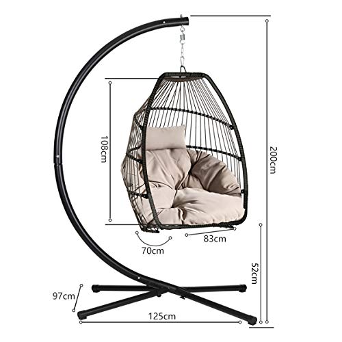 Sekey Hängesessel mit Gestell Kissen, Polyrattan Hängestuhl mit Sitzkissen für Garten und Balkon, Taupe XXL - 5