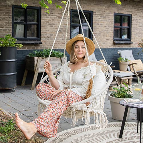 VITA5 Hängesessel mit Kissen, Bücherfach & Abdeckhaube – Hängestuhl für Erwachsene & Kinder -Belastbar bis 150 kg – Hängesessel Outdoor & Indoor (Wohn & Kinderzimmer, Garten) (Beige) - 11