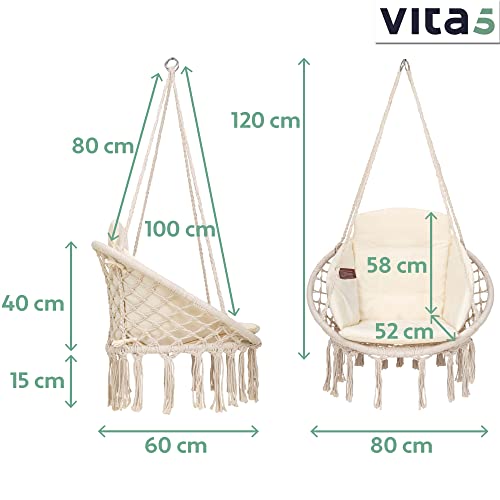 VITA5 Hängesessel mit Kissen, Bücherfach & Abdeckhaube – Hängestuhl für Erwachsene & Kinder -Belastbar bis 150 kg – Hängesessel Outdoor & Indoor (Wohn & Kinderzimmer, Garten) (Beige) - 3
