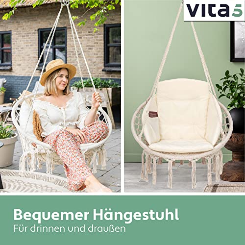 VITA5 Hängesessel mit Kissen, Bücherfach & Abdeckhaube – Hängestuhl für Erwachsene & Kinder -Belastbar bis 150 kg – Hängesessel Outdoor & Indoor (Wohn & Kinderzimmer, Garten) (Beige) - 4