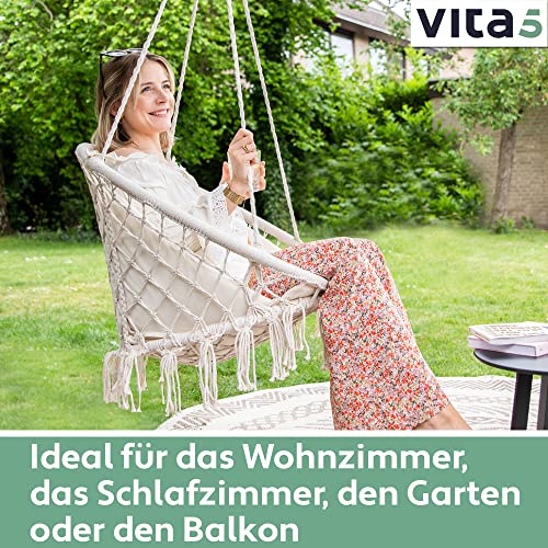 VITA5 Hängesessel mit Kissen, Bücherfach & Abdeckhaube – Hängestuhl für Erwachsene & Kinder -Belastbar bis 150 kg – Hängesessel Outdoor & Indoor (Wohn & Kinderzimmer, Garten) (Beige) - 5