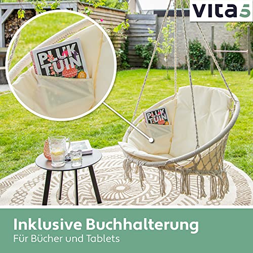 VITA5 Hängesessel mit Kissen, Bücherfach & Abdeckhaube – Hängestuhl für Erwachsene & Kinder -Belastbar bis 150 kg – Hängesessel Outdoor & Indoor (Wohn & Kinderzimmer, Garten) (Beige) - 6