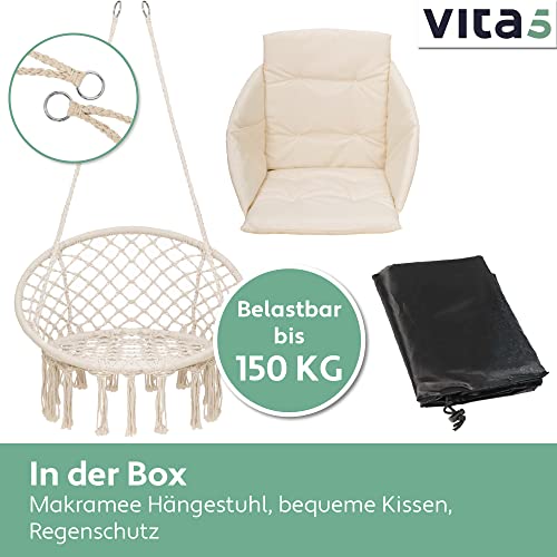 VITA5 Hängesessel mit Kissen, Bücherfach & Abdeckhaube – Hängestuhl für Erwachsene & Kinder -Belastbar bis 150 kg – Hängesessel Outdoor & Indoor (Wohn & Kinderzimmer, Garten) (Beige) - 7