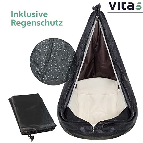 VITA5 Hängesessel mit Kissen, Bücherfach & Abdeckhaube – Hängestuhl für Erwachsene & Kinder -Belastbar bis 150 kg – Hängesessel Outdoor & Indoor (Wohn & Kinderzimmer, Garten) (Beige) - 8