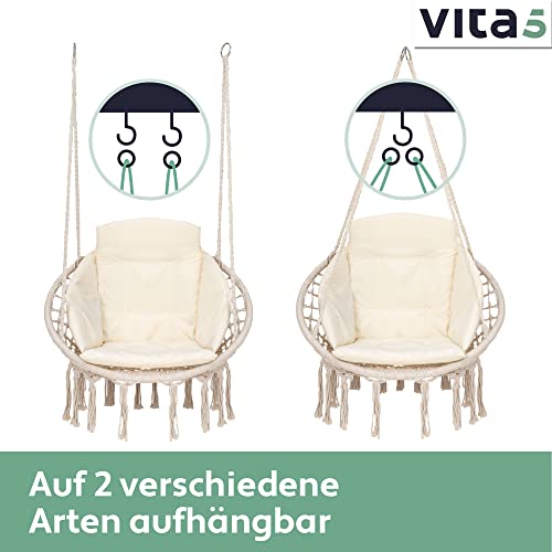 VITA5 Hängesessel mit Kissen, Bücherfach & Abdeckhaube – Hängestuhl für Erwachsene & Kinder -Belastbar bis 150 kg – Hängesessel Outdoor & Indoor (Wohn & Kinderzimmer, Garten) (Beige) - 9