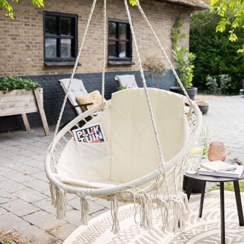 VITA5 Hängesessel mit Kissen, Bücherfach & Abdeckhaube – Hängestuhl für Erwachsene & Kinder -Belastbar bis 150 kg – Hängesessel Outdoor & Indoor (Wohn & Kinderzimmer, Garten) (Beige) - 10