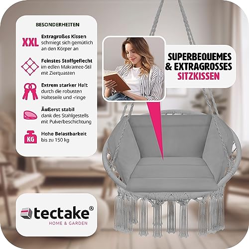 TecTake 800708 Hängesessel zum Aufhängen, Indoor und Outdoor, Ø Sitzfläche: ca. 60 cm, robuste Konstruktion, inkl. großem weichem Kissen – Diverse Farben – (Grau | Nr. 403204) - 2