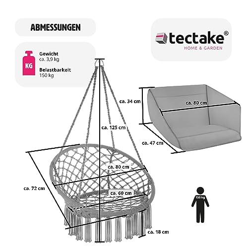 TecTake 800708 Hängesessel zum Aufhängen, Indoor und Outdoor, Ø Sitzfläche: ca. 60 cm, robuste Konstruktion, inkl. großem weichem Kissen – Diverse Farben – (Grau | Nr. 403204) - 3
