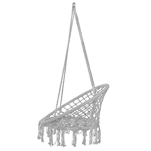 SPRINGOS Hängeschaukel mit Fransen, Hängesessel, geflochten, Baumwolle, Gartenschaukel, Schaukelstuhl zum Aufhängen, mit Seilen und Ringen, für Außen und Innen, Hängekorb (Grau) - 2