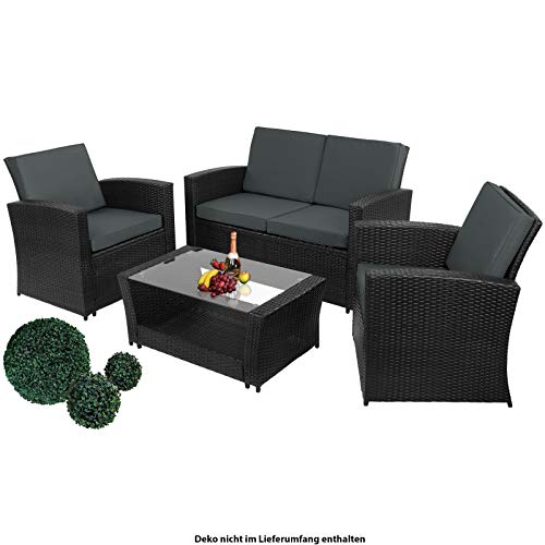 Montafox 12-teilige Polyrattan Sitzgruppe 4 Personen 5 cm Sitzpolster Tisch Balkonmöbel Set Sitzgarnitur Schwarz, Farbe:Titan-Schwarz/Nachtschwärmergrau - 2