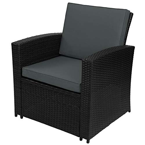 Montafox 12-teilige Polyrattan Sitzgruppe 4 Personen 5 cm Sitzpolster Tisch Balkonmöbel Set Sitzgarnitur Schwarz, Farbe:Titan-Schwarz/Nachtschwärmergrau - 4