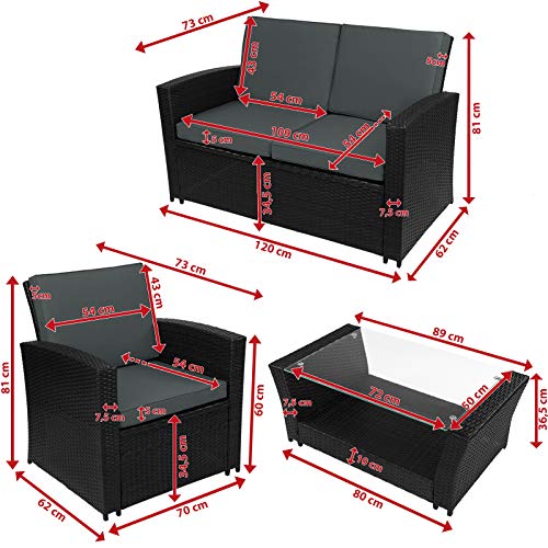 Montafox 12-teilige Polyrattan Sitzgruppe 4 Personen 5 cm Sitzpolster Tisch Balkonmöbel Set Sitzgarnitur Schwarz, Farbe:Titan-Schwarz/Nachtschwärmergrau - 6