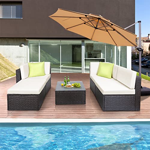 GOJOOASIS Polyratten Lounge, 5 Teilig Sitzgruppe, 200cm Gartenmöbel Garnitur für 3-4 Personen, Couch-Set in Braun-schwarz mit beigen Bezügen&grünen Kopfkissen, für Garten, Terrasse&Balkon(2 Pakete) - 8
