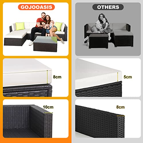 GOJOOASIS Polyratten Lounge, 5 Teilig Sitzgruppe, 200cm Gartenmöbel Garnitur für 3-4 Personen, Couch-Set in Braun-schwarz mit beigen Bezügen&grünen Kopfkissen, für Garten, Terrasse&Balkon(2 Pakete) - 3