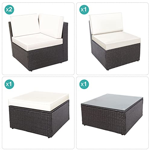 GOJOOASIS Polyratten Lounge, 5 Teilig Sitzgruppe, 200cm Gartenmöbel Garnitur für 3-4 Personen, Couch-Set in Braun-schwarz mit beigen Bezügen&grünen Kopfkissen, für Garten, Terrasse&Balkon(2 Pakete) - 6