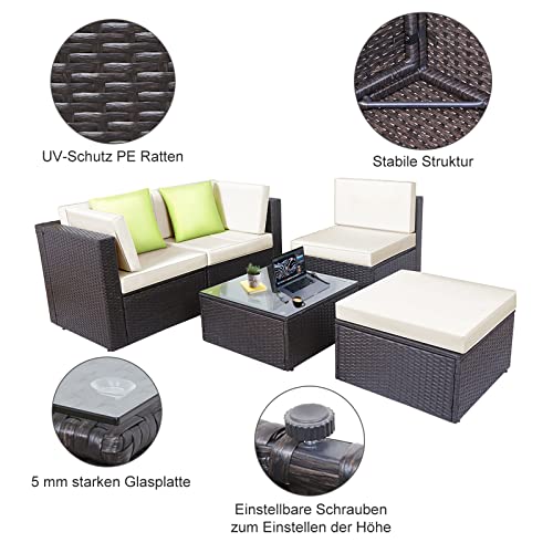GOJOOASIS Polyratten Lounge, 5 Teilig Sitzgruppe, 200cm Gartenmöbel Garnitur für 3-4 Personen, Couch-Set in Braun-schwarz mit beigen Bezügen&grünen Kopfkissen, für Garten, Terrasse&Balkon(2 Pakete) - 3