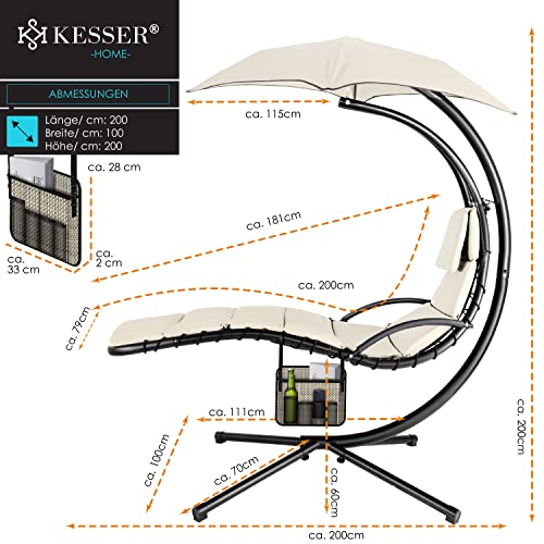 KESSER® – Schwebeliege mit Sonnenschirm, Hängeliege, Sonnenliege H200, L194, B100 cm, Relaxliege, Schaukelliege Hängematte, Schaukelliege, Auflagen – Nackenkissen, Beige - 9