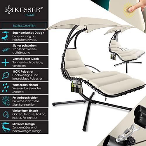 KESSER® – Schwebeliege mit Sonnenschirm, Hängeliege, Sonnenliege H200, L194, B100 cm, Relaxliege, Schaukelliege Hängematte, Schaukelliege, Auflagen – Nackenkissen, Beige - 2