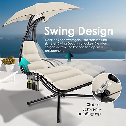 KESSER® – Schwebeliege mit Sonnenschirm, Hängeliege, Sonnenliege H200, L194, B100 cm, Relaxliege, Schaukelliege Hängematte, Schaukelliege, Auflagen – Nackenkissen, Beige - 4
