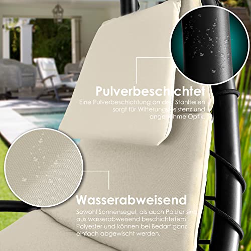 KESSER® – Schwebeliege mit Sonnenschirm, Hängeliege, Sonnenliege H200, L194, B100 cm, Relaxliege, Schaukelliege Hängematte, Schaukelliege, Auflagen – Nackenkissen, Beige - 6