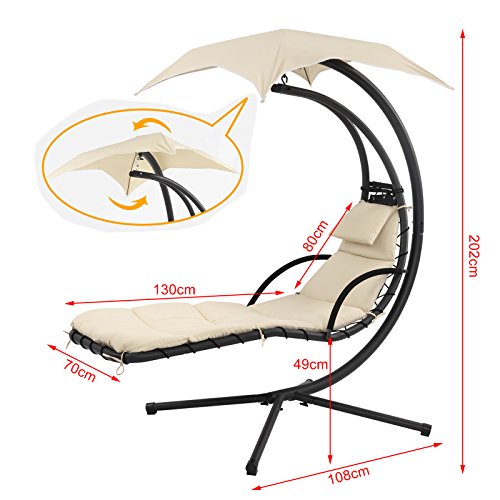 SoBuy OGS16 Schwebeliege mit Sonnenschirm Relaxliege Schwingliege Schaukelliege Hängesessel Hängeliege Sonnenliege Belastbarkeit 120kg beige - 4