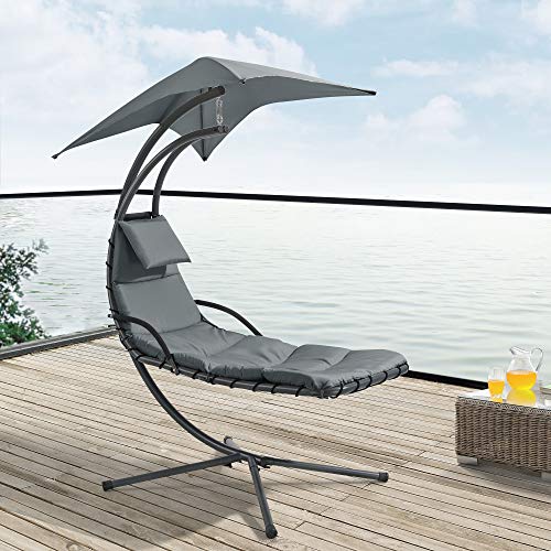 [en.casa] Hängeliege mit Sonnendach Schwebeliege mit Polsterauflage 120 kg Schwingliege Relaxliege Stahlgestell Polyester Grau - 7