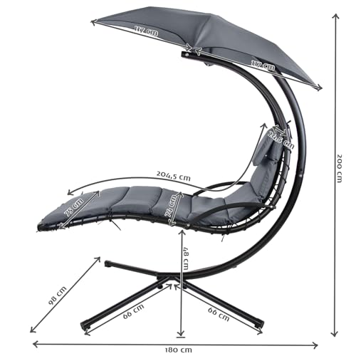 Montafox Schwebeliege Hängeliege in vielen Farben Schwingliege Sonnenliege mit Sonnenschirm, Auflagen und Nackenkissen, bis 150 kg belastbar, Farbe:Asphaltgrau - 2