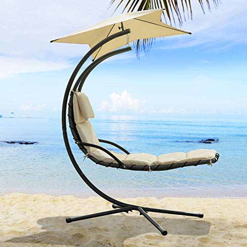 SoBuy OGS39-MI Schwebeliege mit Sonnenschirm Relaxliege Schwingliege Schaukelliege Hängesessel Hängeliege Sonnenliege Belastbarkeit 120kg beige BHT ca: 170x210x115cm - 2