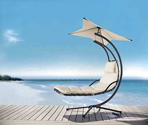 SoBuy OGS39-MI Schwebeliege mit Sonnenschirm Relaxliege Schwingliege Schaukelliege Hängesessel Hängeliege Sonnenliege Belastbarkeit 120kg beige BHT ca: 170x210x115cm - 3