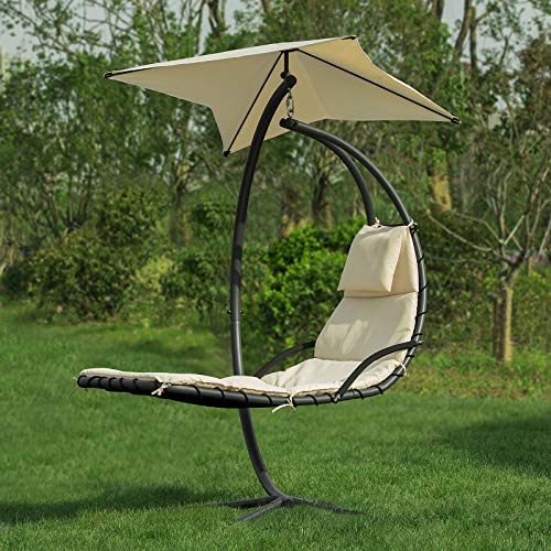 SoBuy OGS39-MI Schwebeliege mit Sonnenschirm Relaxliege Schwingliege Schaukelliege Hängesessel Hängeliege Sonnenliege Belastbarkeit 120kg beige BHT ca: 170x210x115cm - 4