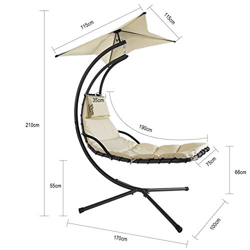 SoBuy OGS39-MI Schwebeliege mit Sonnenschirm Relaxliege Schwingliege Schaukelliege Hängesessel Hängeliege Sonnenliege Belastbarkeit 120kg beige BHT ca: 170x210x115cm - 5
