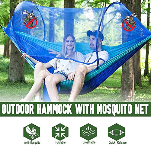 HUANXI Tragbar Doppelt Hängeliege Outdoor mit Aufbewahrungstasche + Gurt,300kg Tragfähigkeit (250x120cm) Blau Balkon Schaukel für Indoor Outdoor Wandercamping - 4