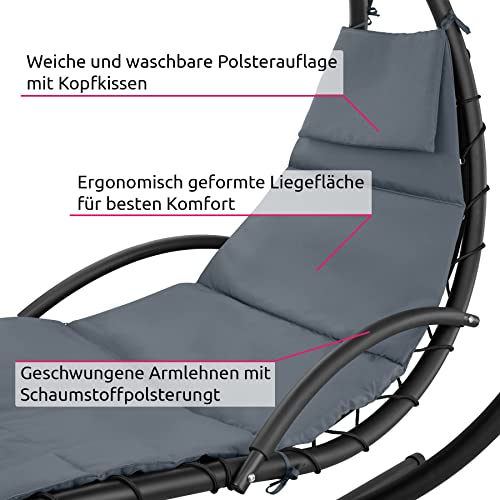 TecTake 800783 Hängeliege mit Gestell, Schwebeliege mit Sonnenschirm, Indoor & Outdoor, inkl. Polsterauflage mit Kopfkissen, für Garten, Terrasse und Balkon – Diverse Farben – (Grau | Nr. 403434) - 4