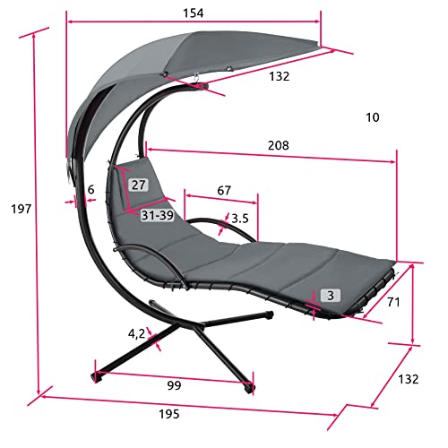 TecTake 800783 Hängeliege mit Gestell, Schwebeliege mit Sonnenschirm, Indoor & Outdoor, inkl. Polsterauflage mit Kopfkissen, für Garten, Terrasse und Balkon – Diverse Farben – (Grau | Nr. 403434) - 6
